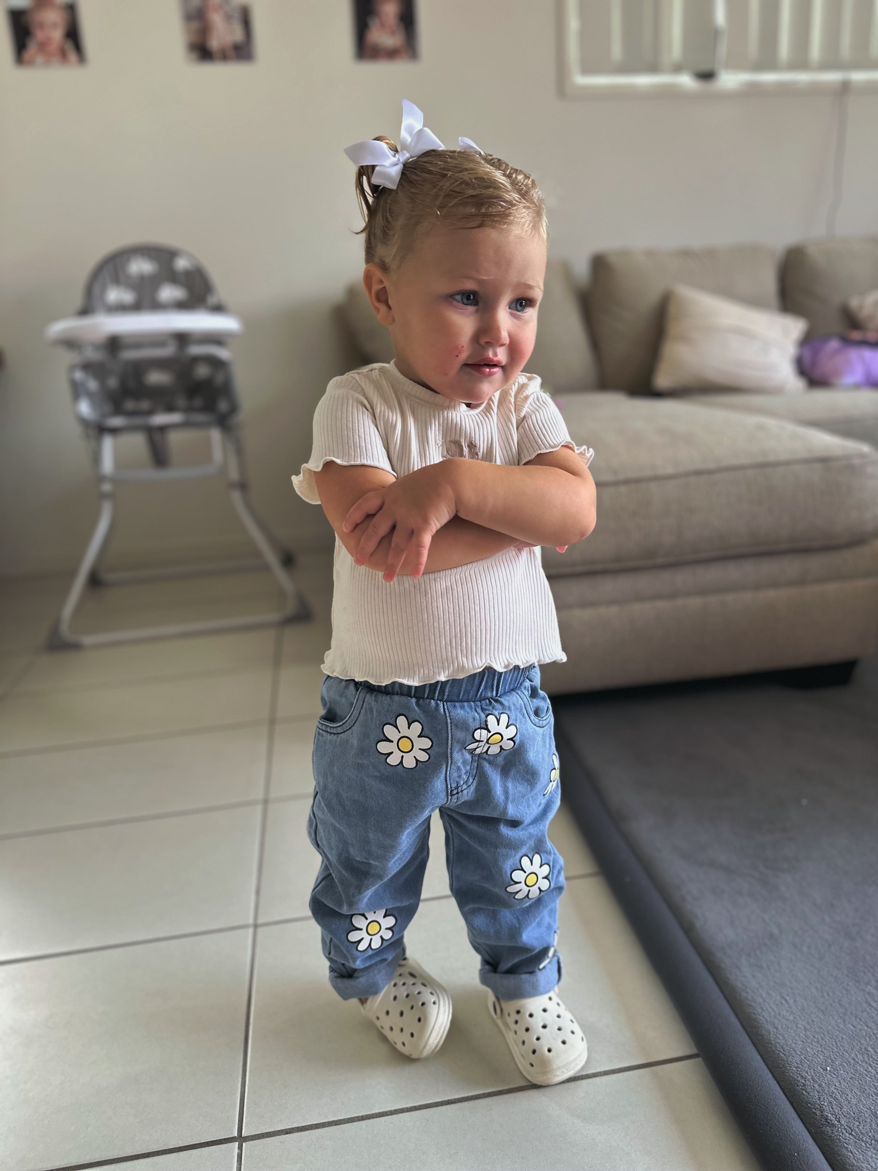 Floral Daisy Print Denim Pants