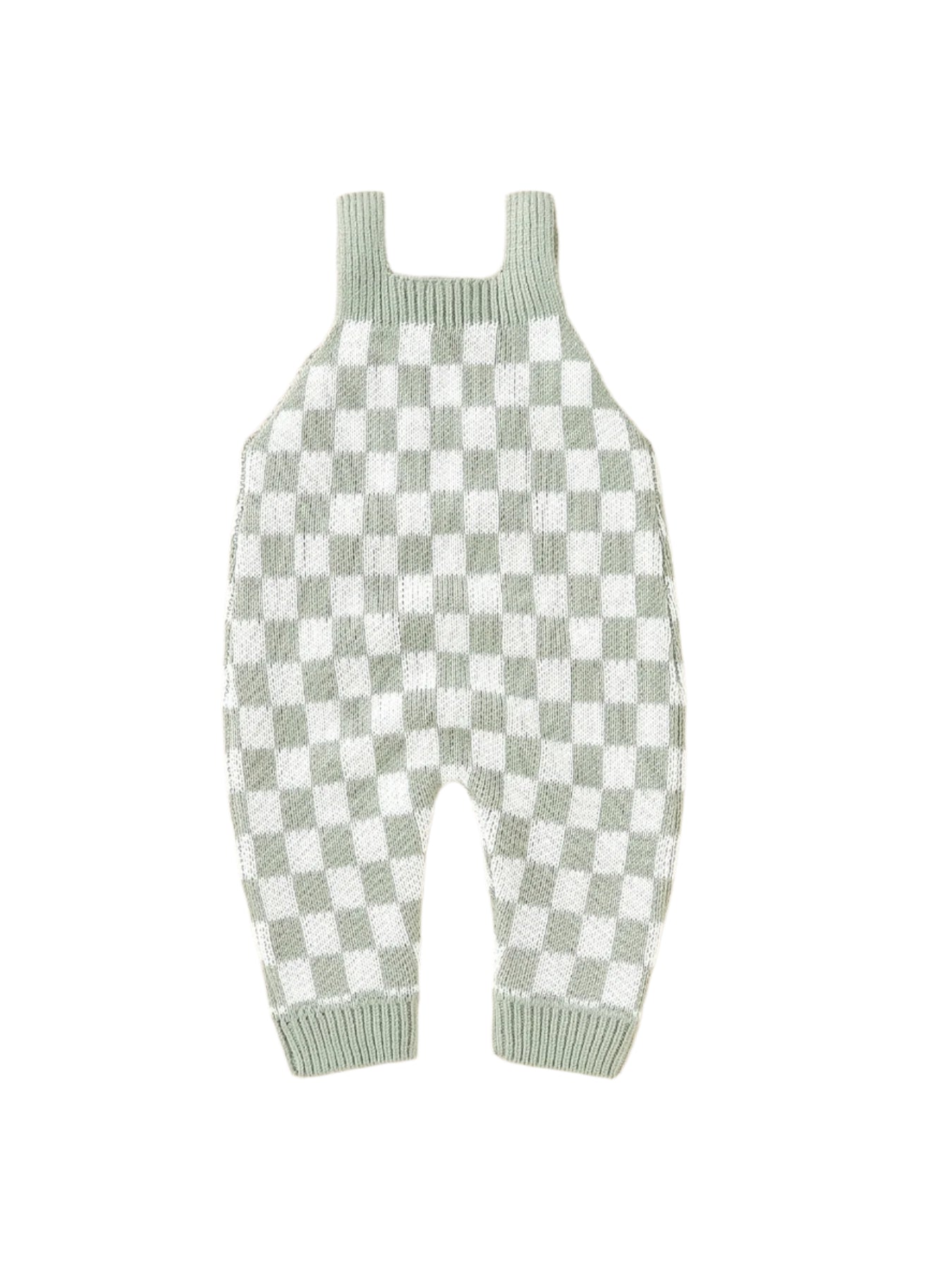 Checkered Knit Overalls Green