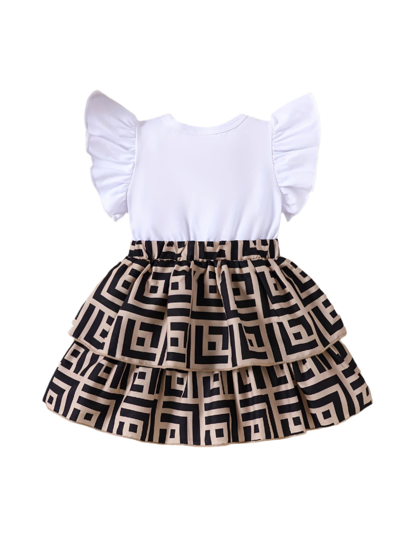 Ruffle Sleeve Top & Geometric Suspender Skirt