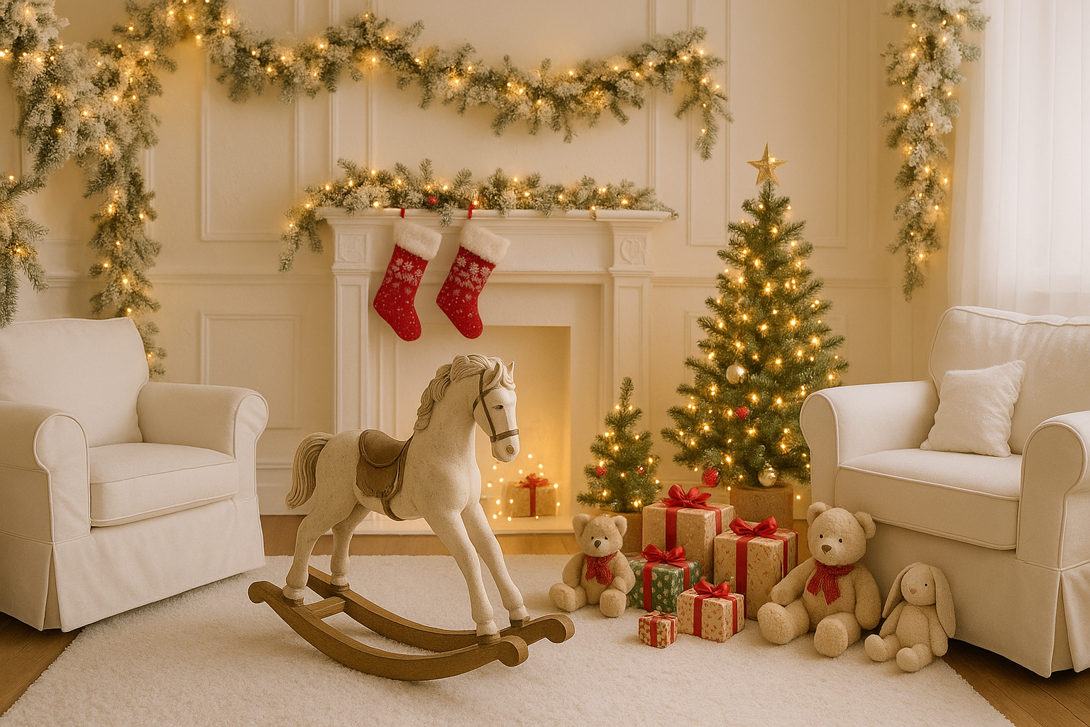beautiful white christmas themed lounge with a rocking horse and other kids christmas items