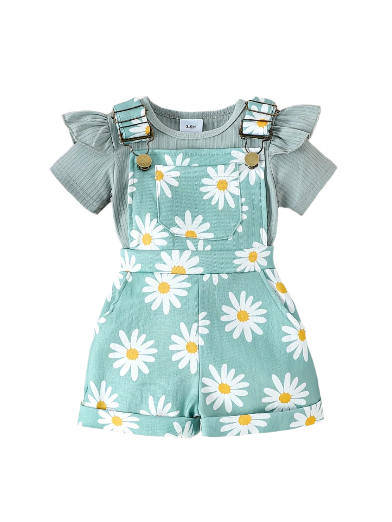 2-Piece Green Daisy Print Overall