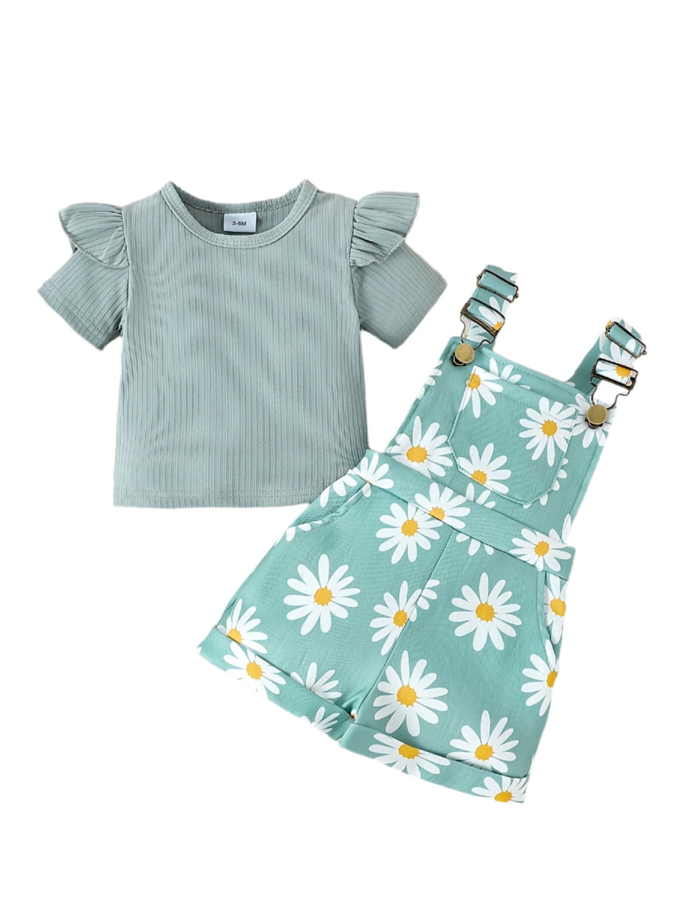 2-Piece Green Daisy Print Overall