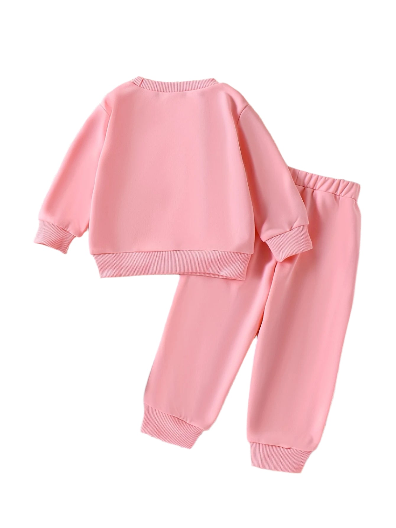 Pink children's sweatshirt and pants set on a textured surface with shoes and flowers.