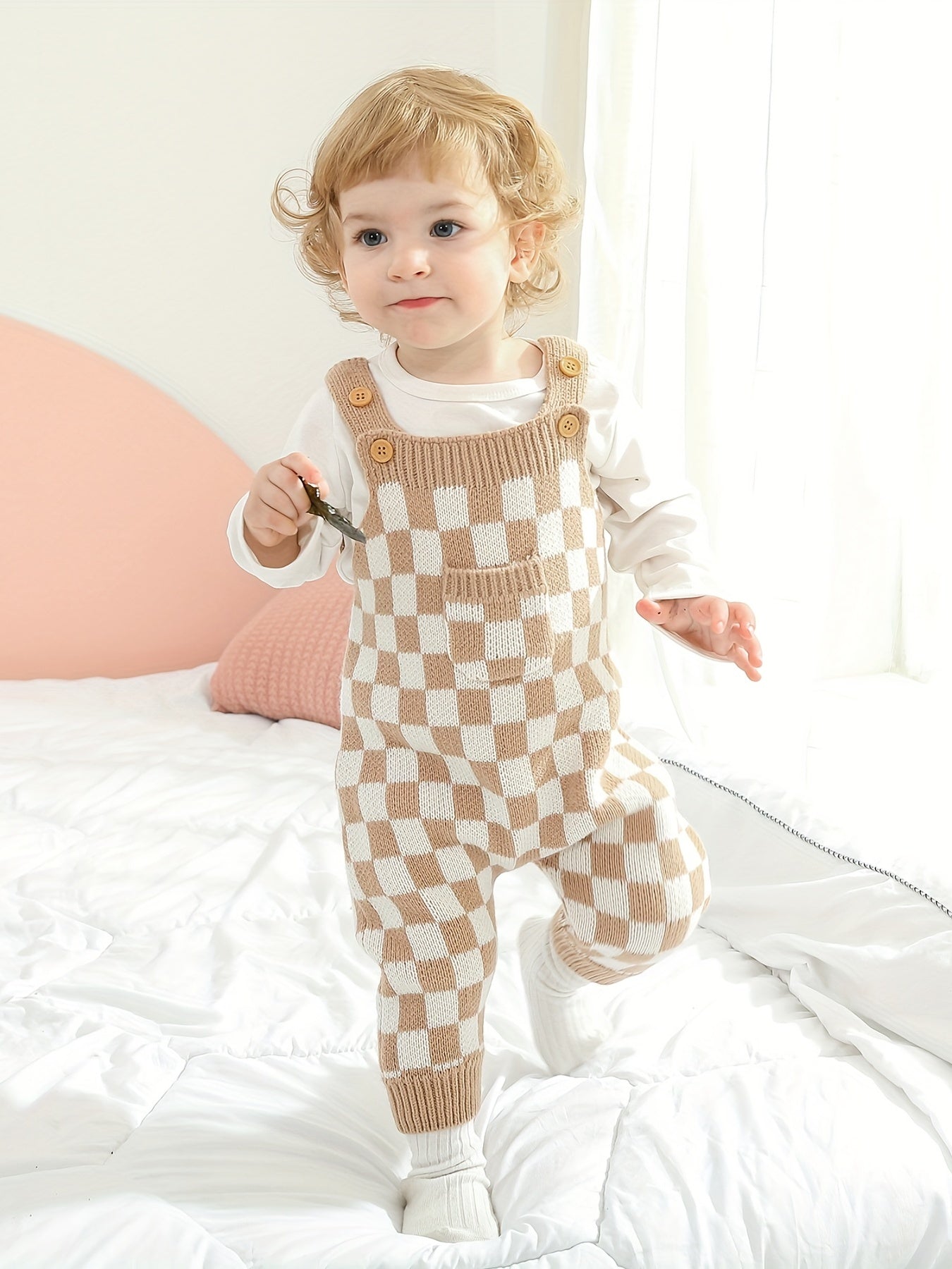 Checkered Knit Overalls Brown