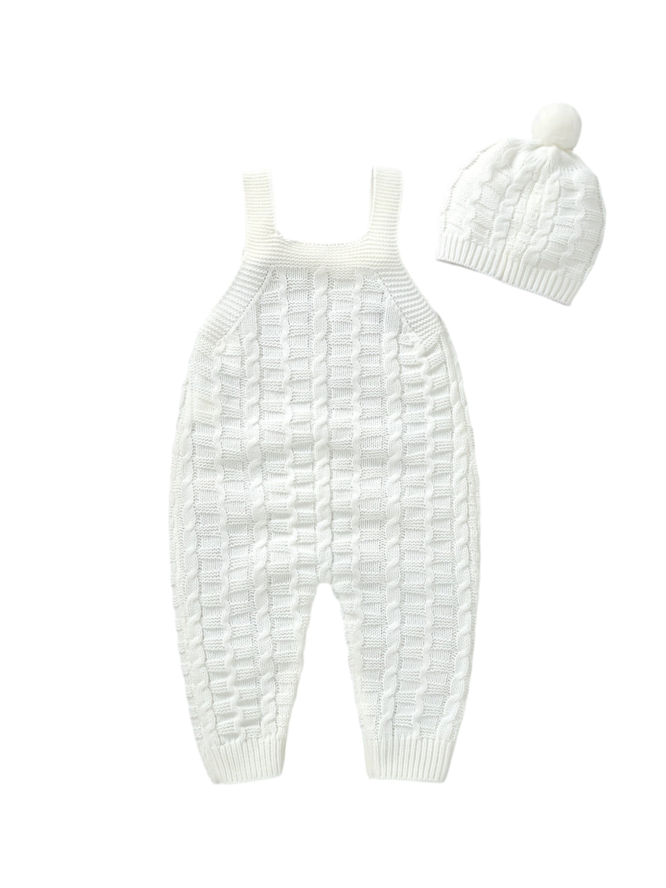 2-Piece Knit Baby Jumpsuit Set with Hat White