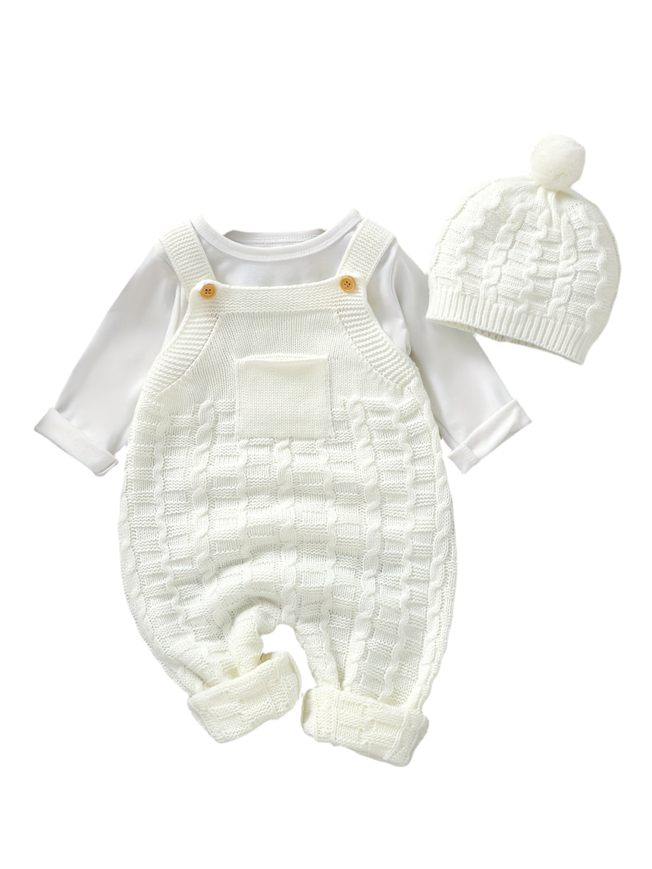 2-Piece Knit Baby Jumpsuit Set with Hat White