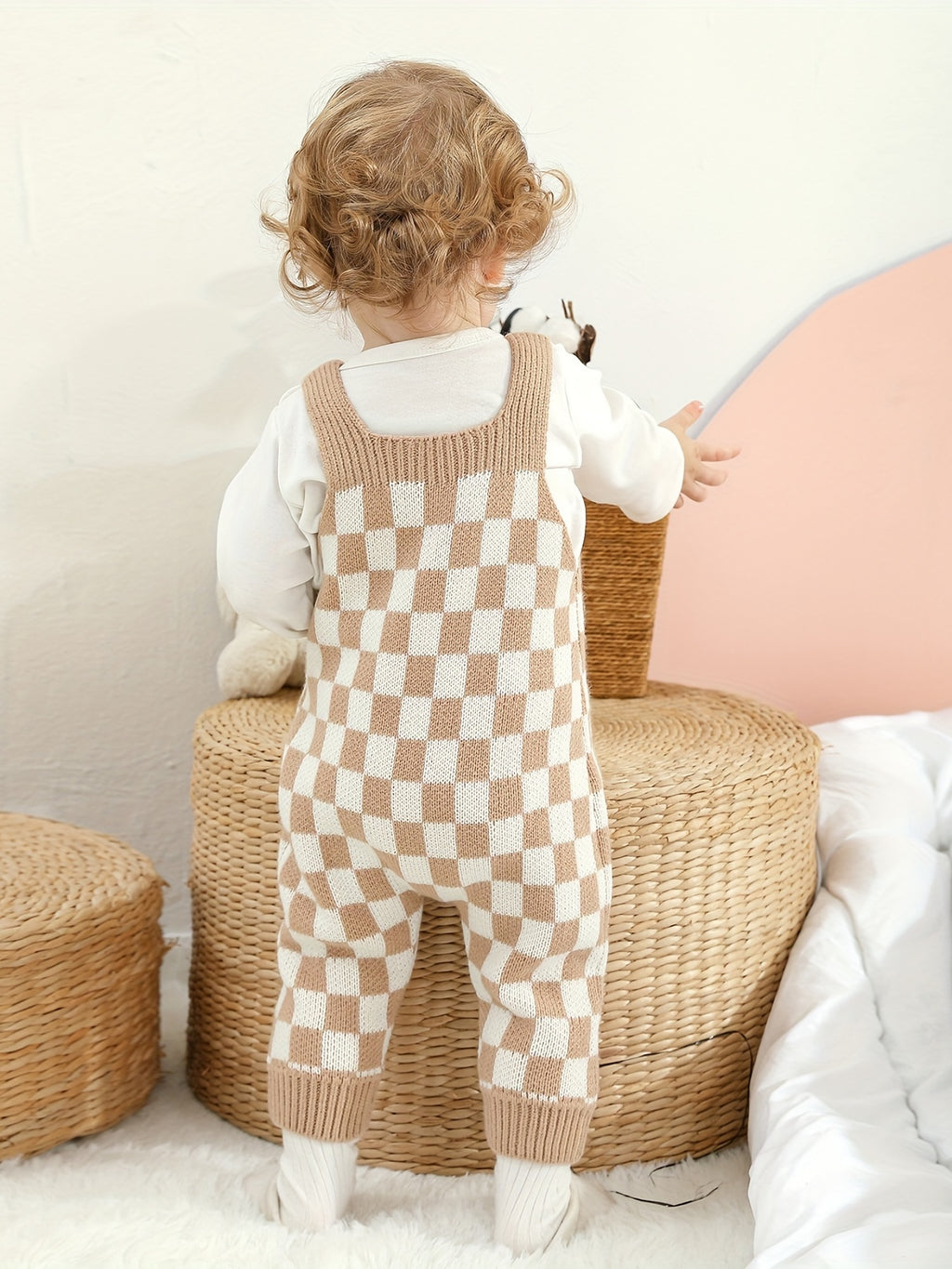 Checkered Knit Overalls Brown