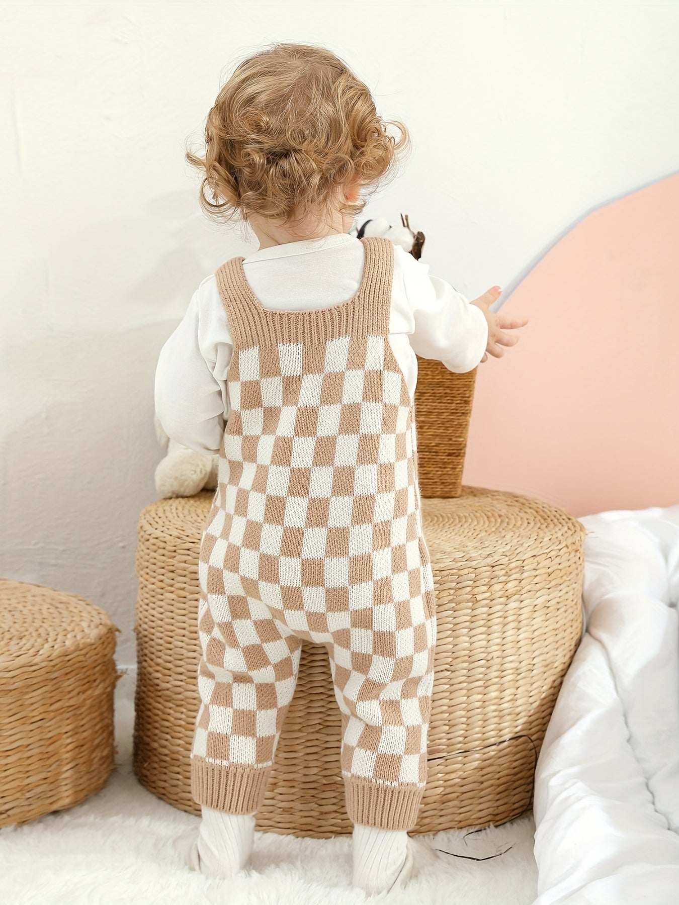 Checkered Knit Overalls Brown