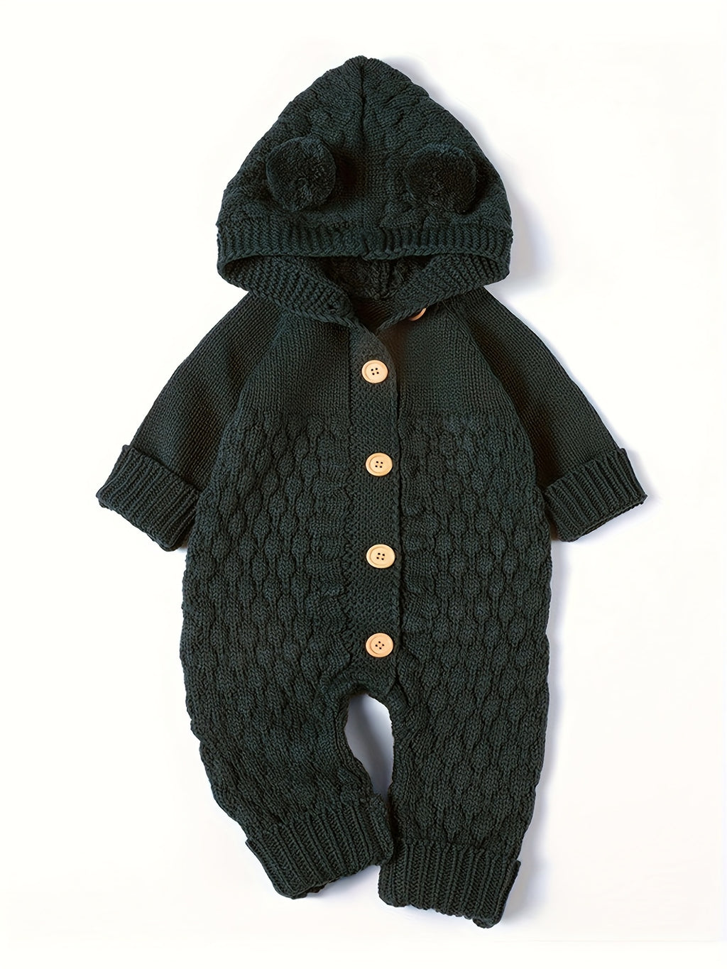 Pom-Pom Hooded Knit Romper Olive Green