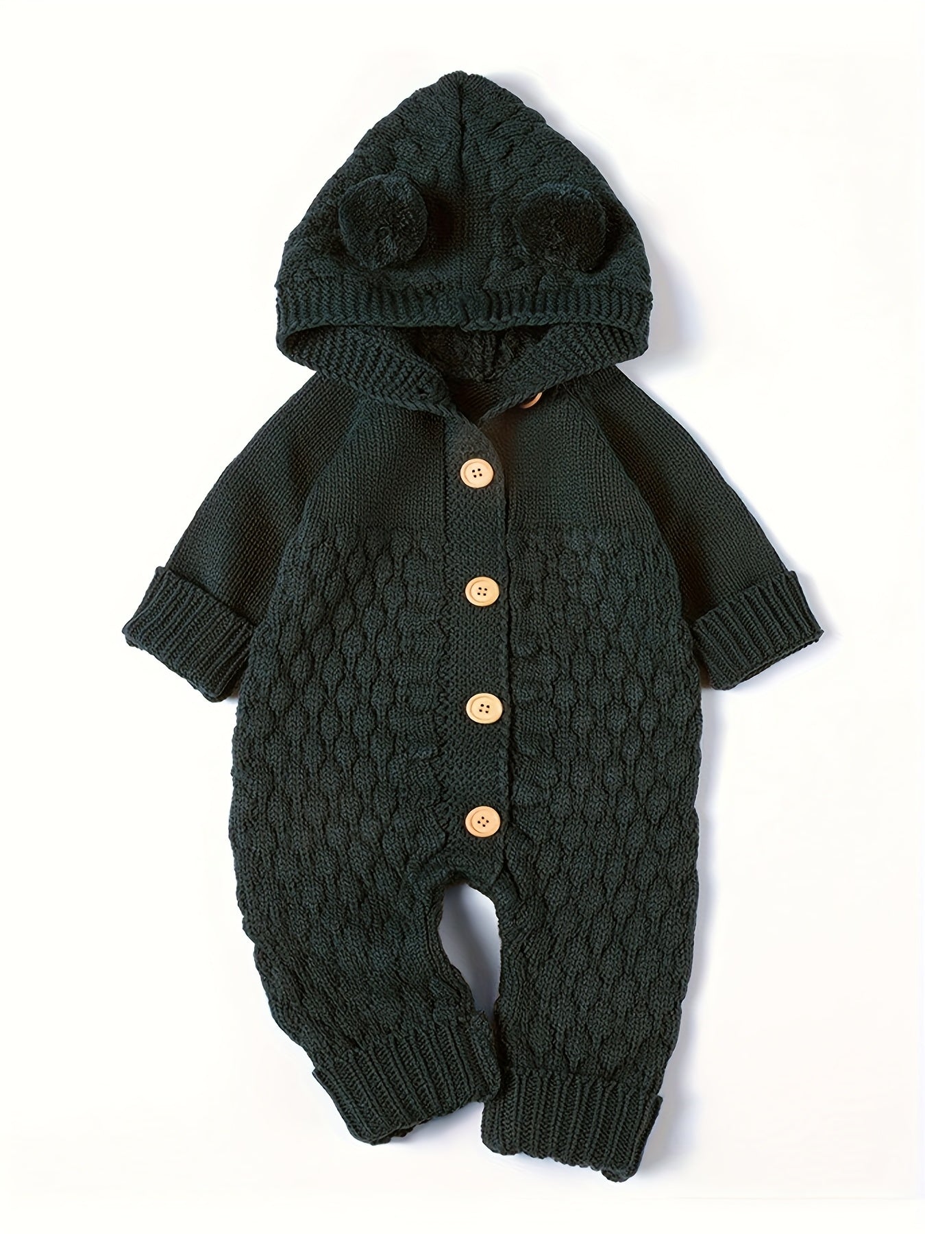 Pom-Pom Hooded Knit Romper Olive Green