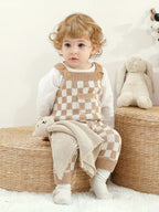 Checkered Knit Overalls Brown