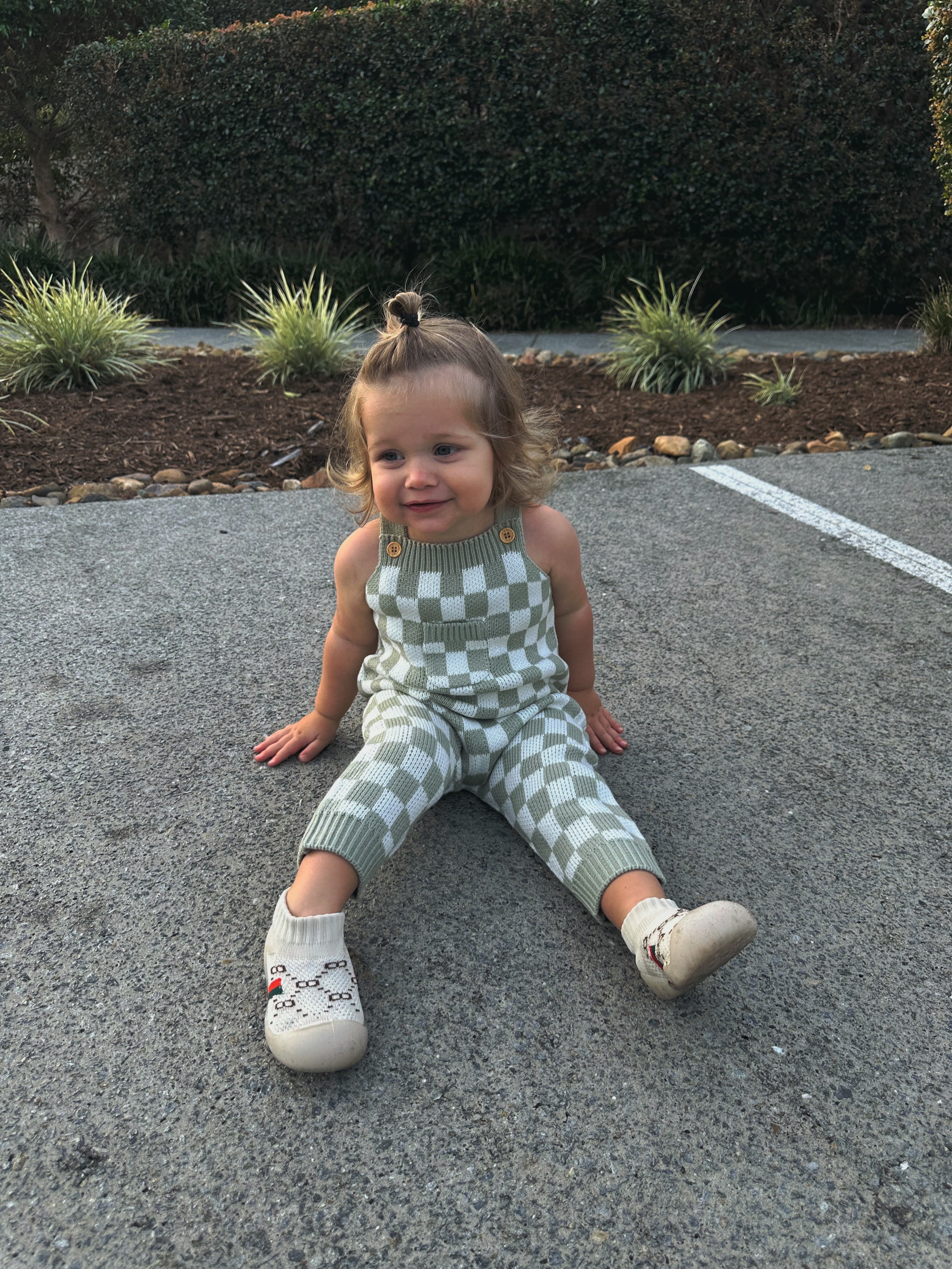 Checkered Knit Overalls Green