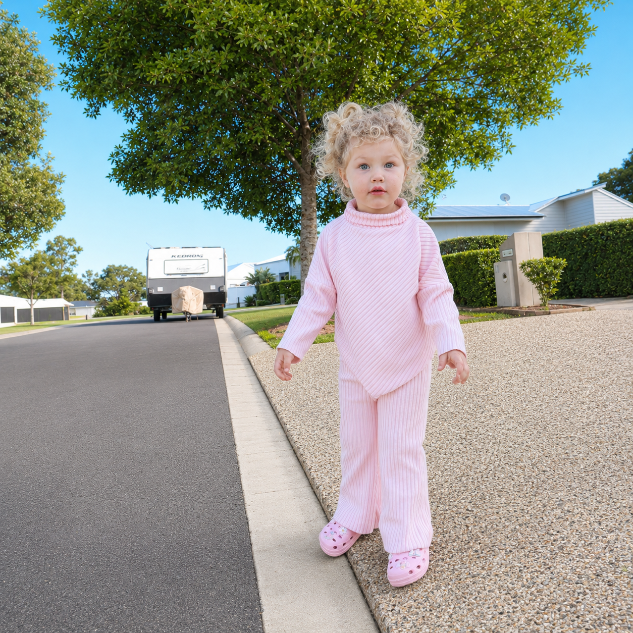 Child in a pink outfit standing on a driveway with trees and a house in the background