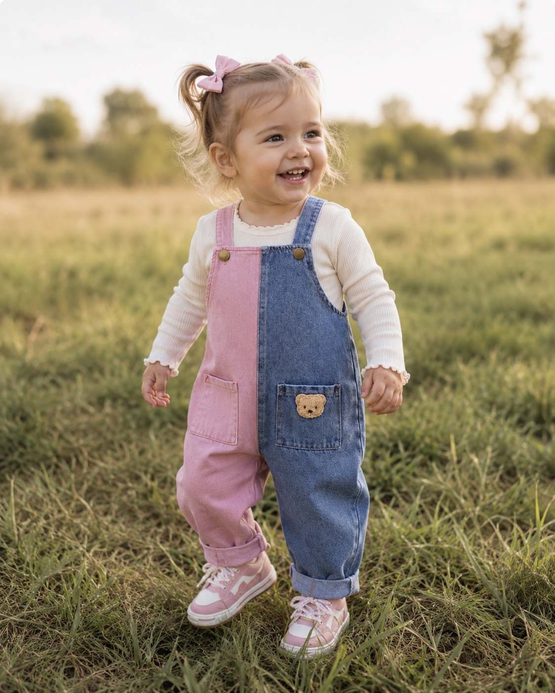 Girls' Colour-Block Long Denim Overalls