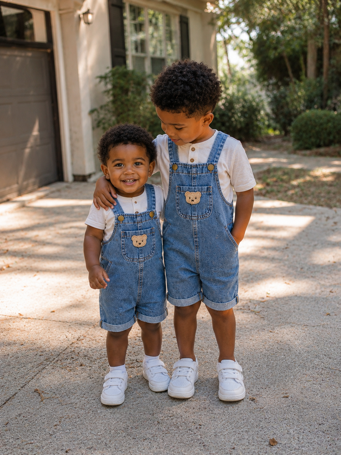 Short Denim Overalls with Bear Patch