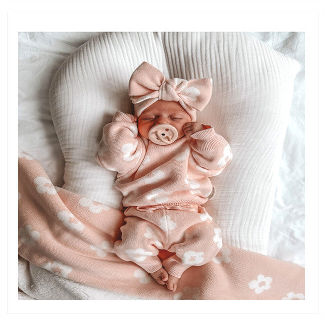 Autumn Floral Knit Baby Girls Clothing Set | Long Sleeve Top & Pants Outfit