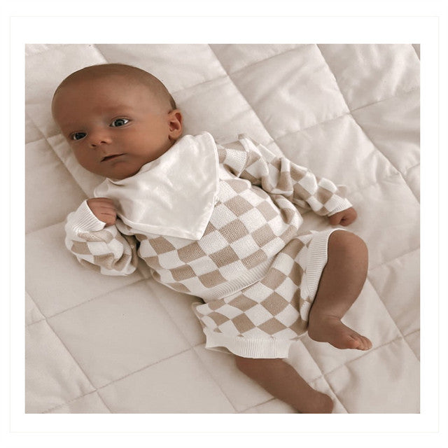 Newborn & Toddler Gingham Knitted Outfit - Baby Girls Long Sleeve Top & Shorts Set (Spring/Autumn)