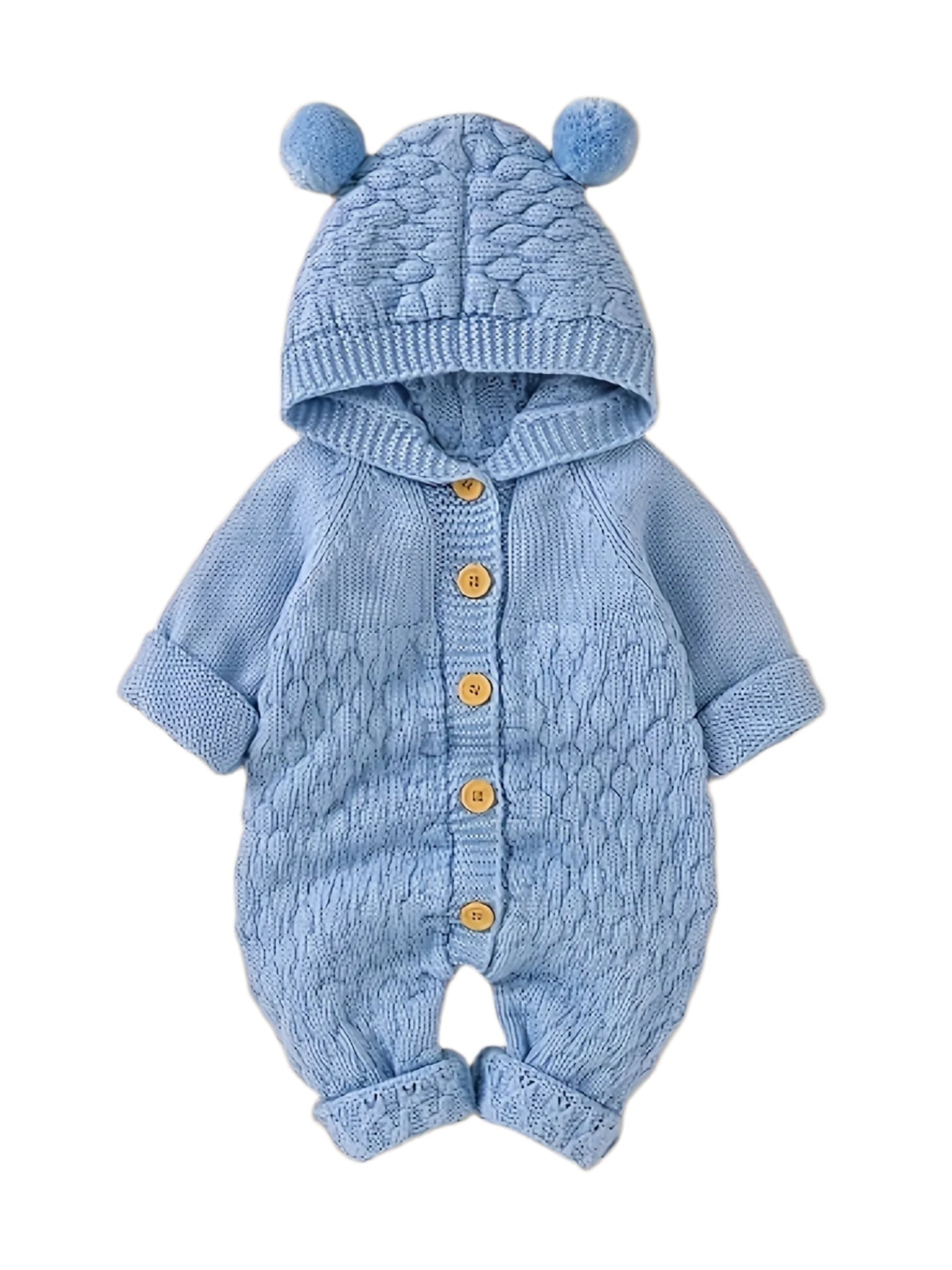 Pom-Pom Hooded Knit Romper Blue