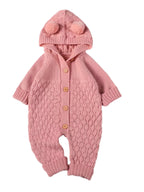 Pom-Pom Hooded Knit Romper Pink