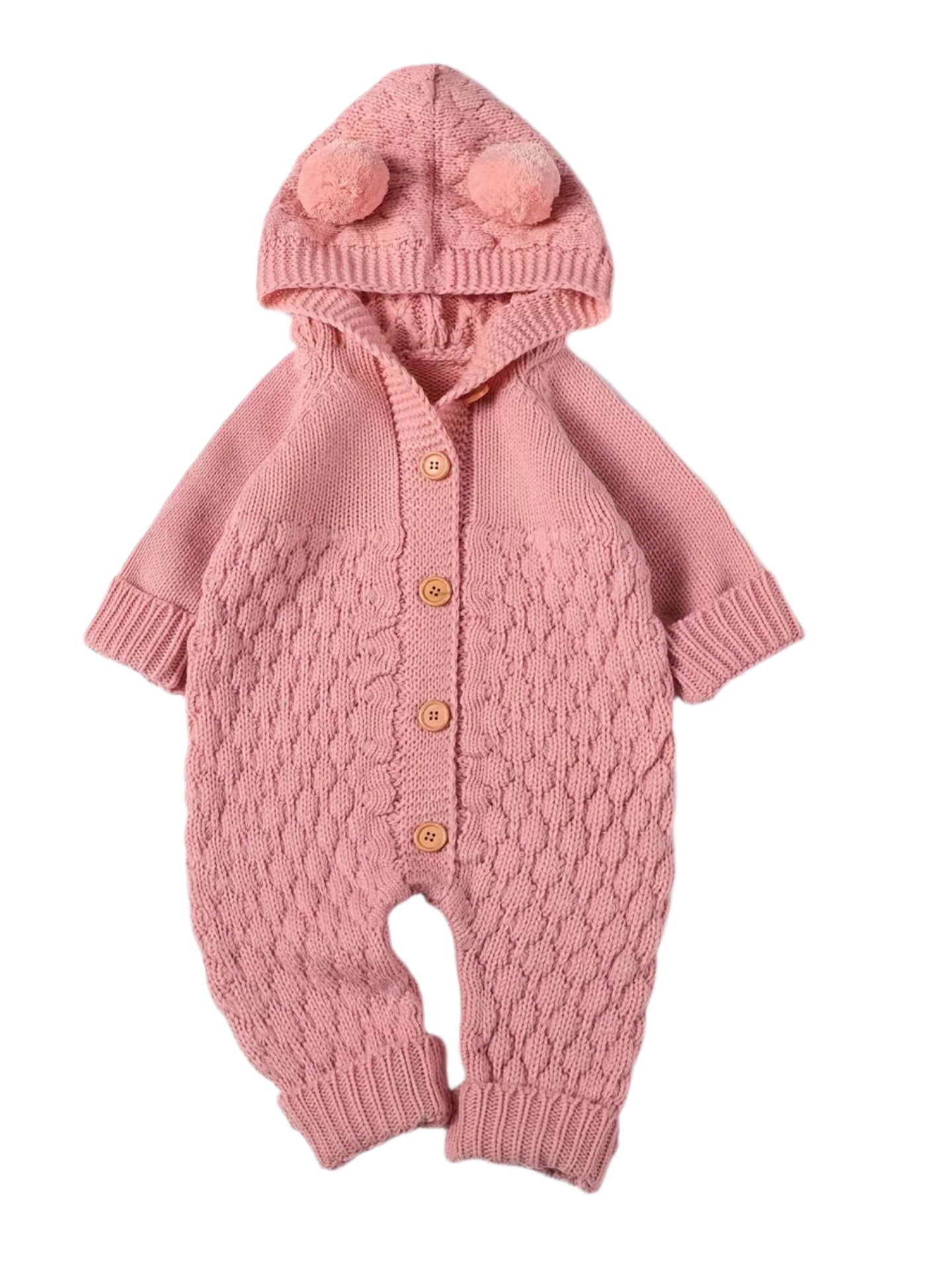 Pom-Pom Hooded Knit Romper Pink