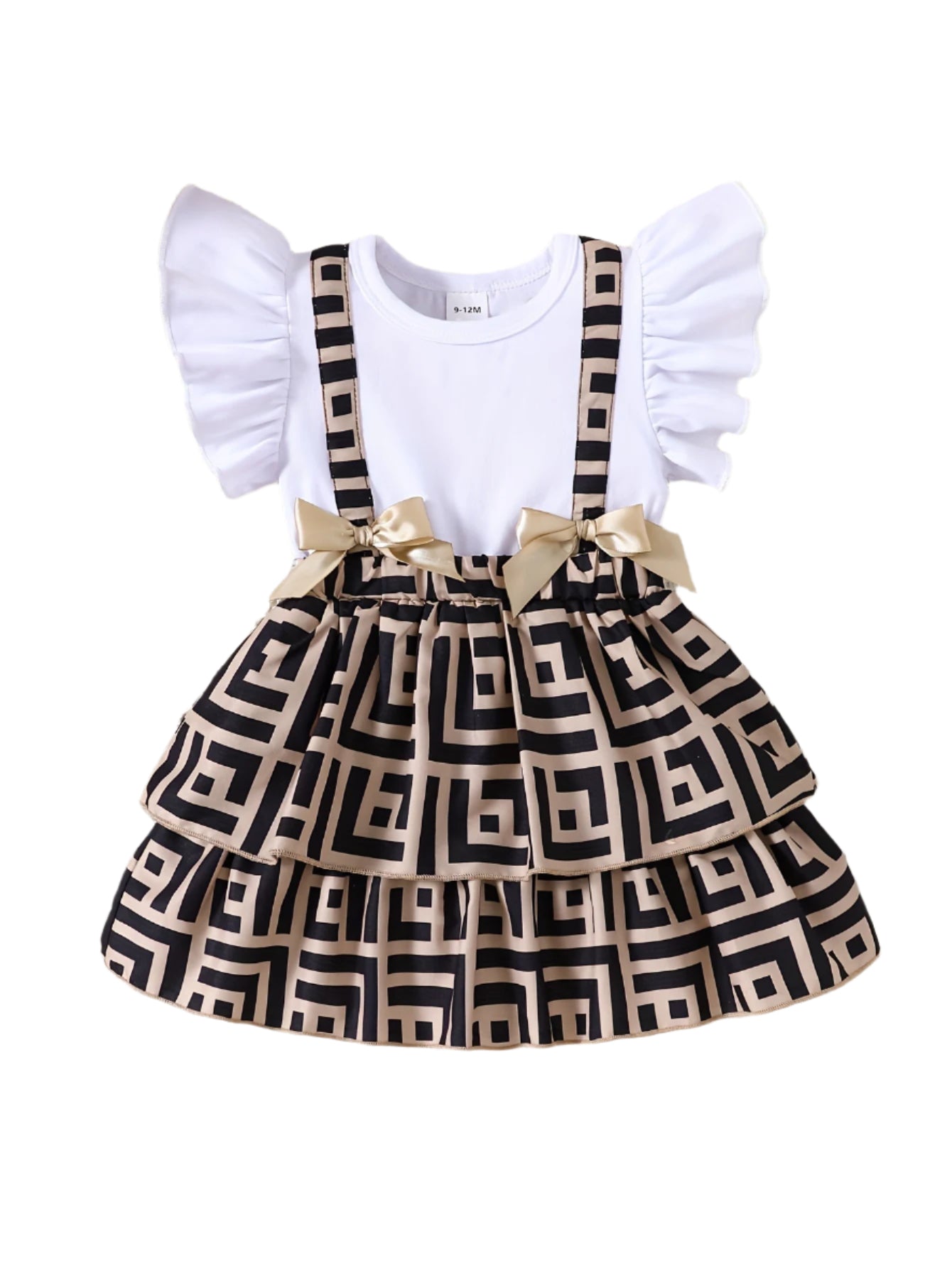 Ruffle Sleeve Top & Geometric Suspender Skirt