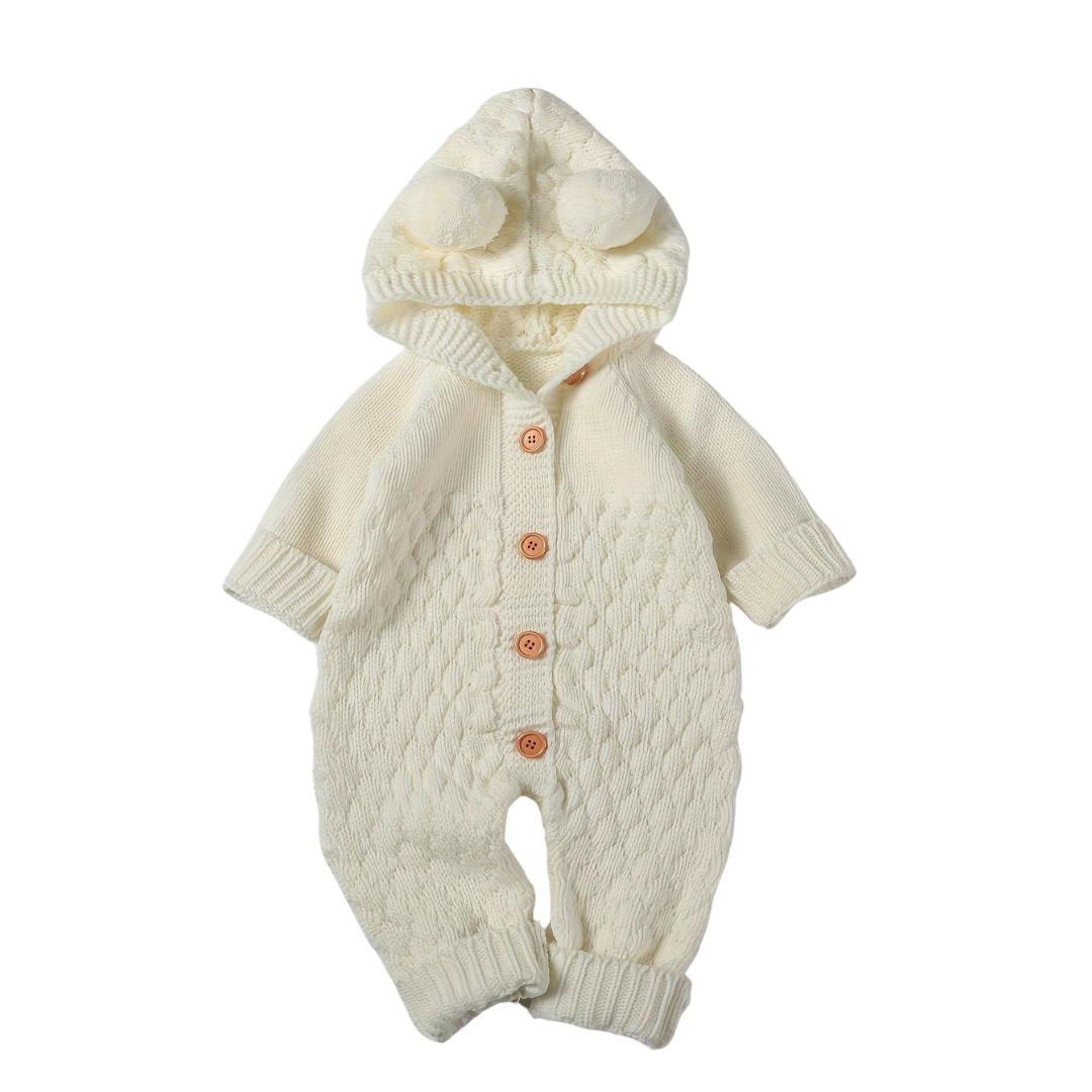 Pom-Pom Hooded Knit Romper White