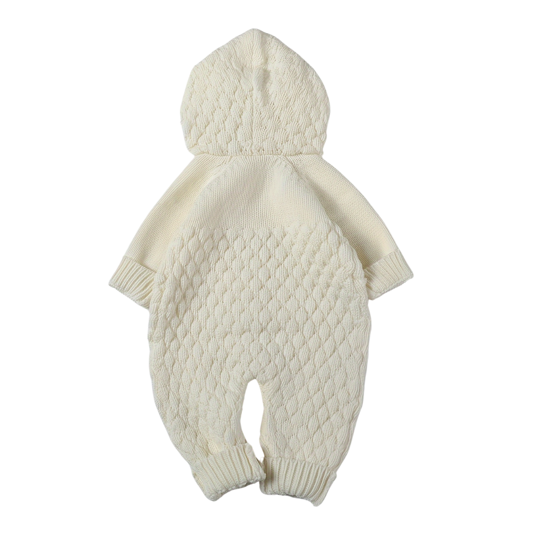 Pom-Pom Hooded Knit Romper White