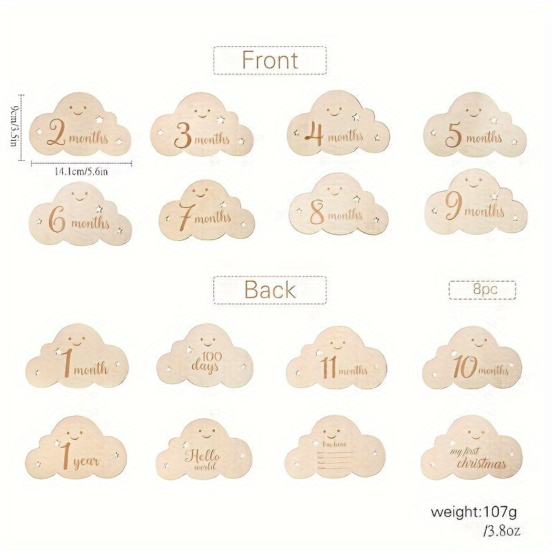 8pcs Cloud-Shaped Wooden Milestone Cards