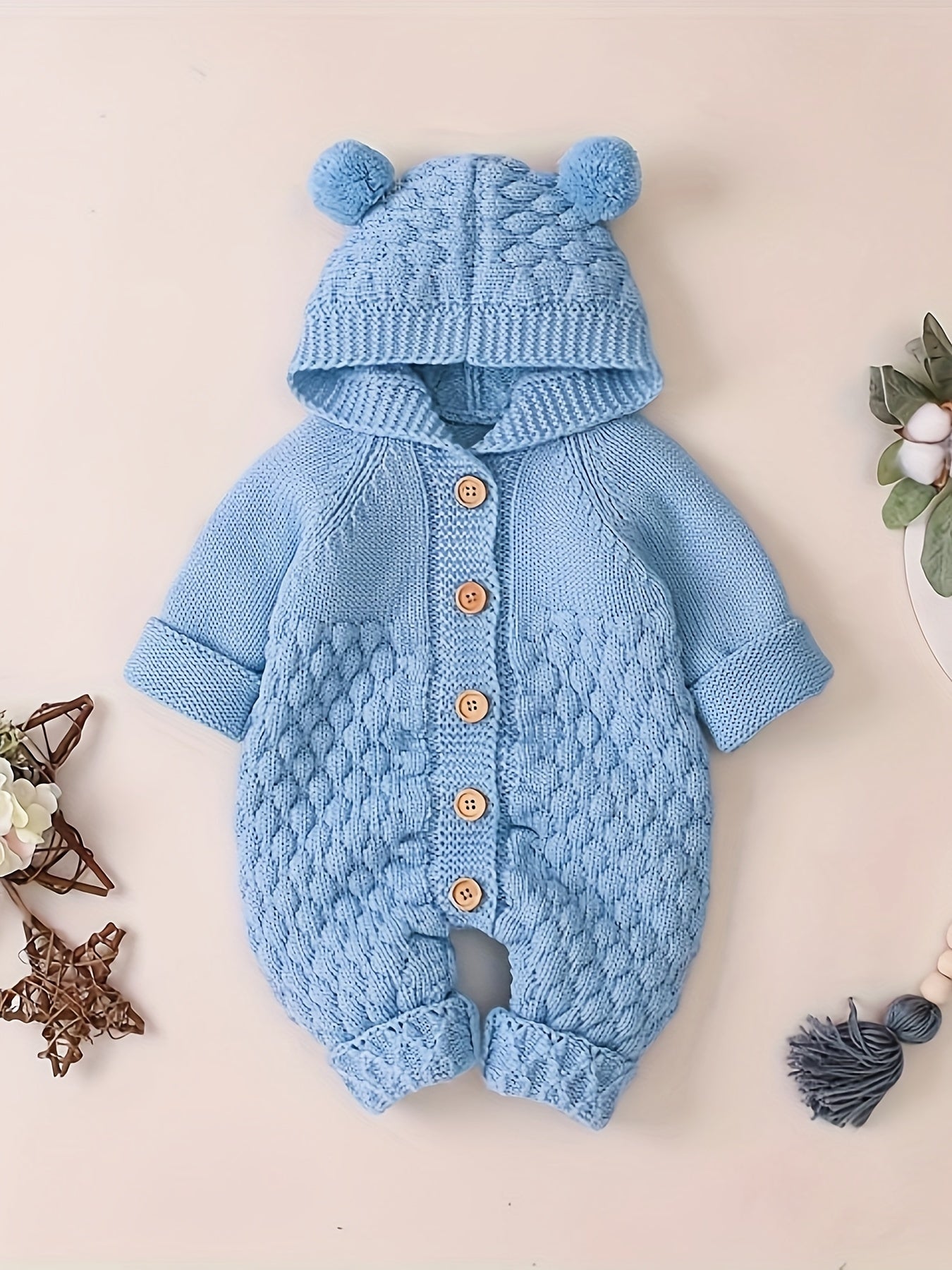 Pom-Pom Hooded Knit Romper Blue