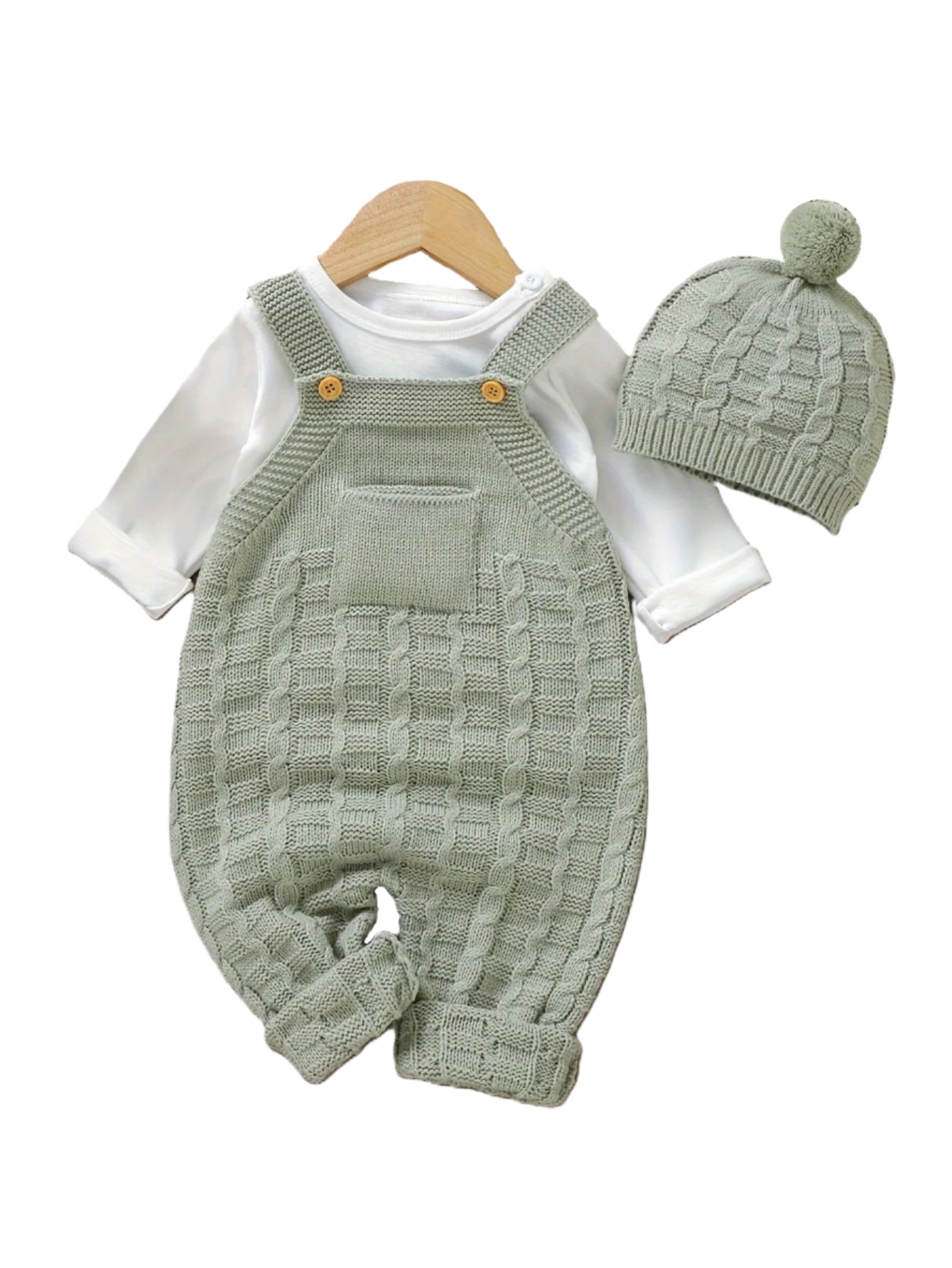 2-Piece Knit Baby Jumpsuit Set with Hat Green